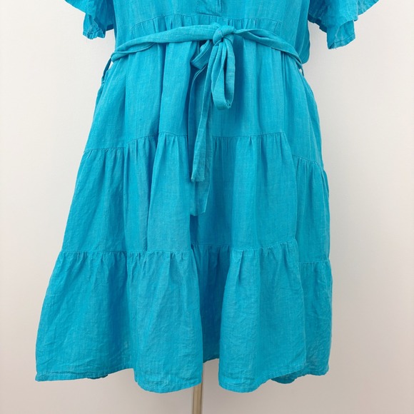 Mille Violetta Ruffle Tie Waist Mini Dress Size M Aqua Linen Tiered Short Sleeve - Picture 5 of 10